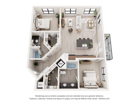 Floor plan for 2 beds, 2 baths, 1318 sqft